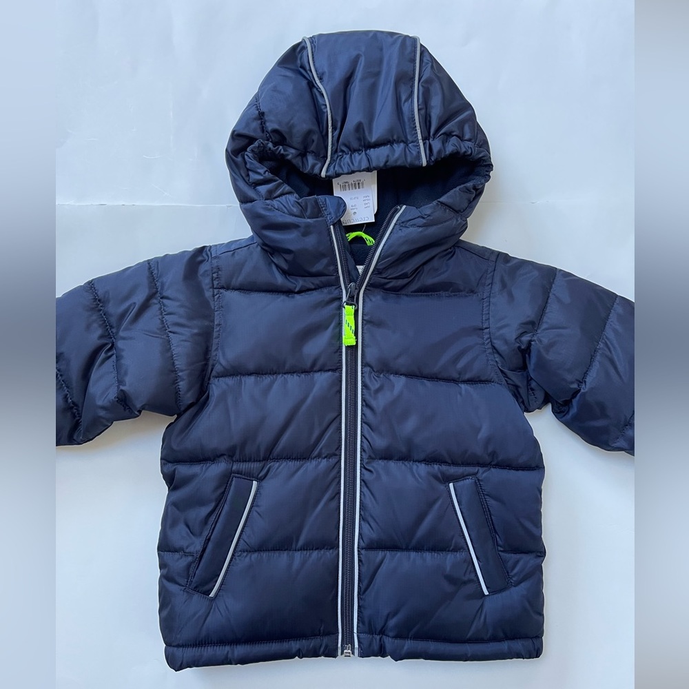Crewcuts Navy Puffer Hooded Jacket with Neon Zipper Pull